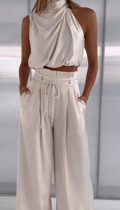 Women's Elegant Drape Sleeveless Wide Leg Set