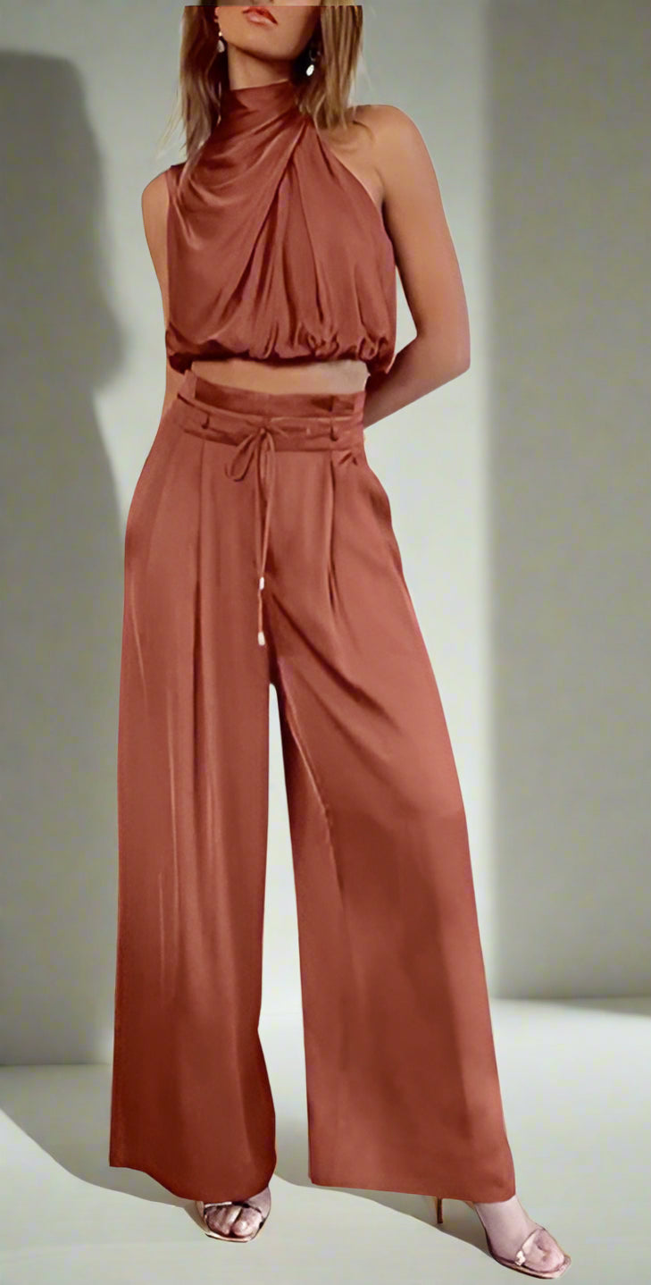 Women's Elegant Drape Sleeveless Wide Leg Set