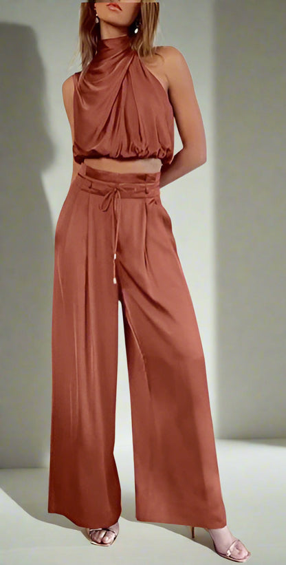 Women's Elegant Drape Sleeveless Wide Leg Set