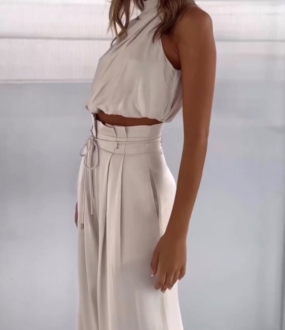Women's Elegant Drape Sleeveless Wide Leg Set