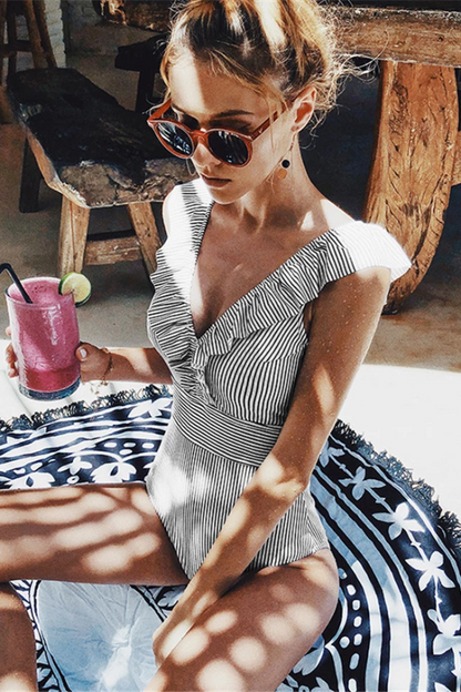 Striped Ruffled One-Piece Swimsuit