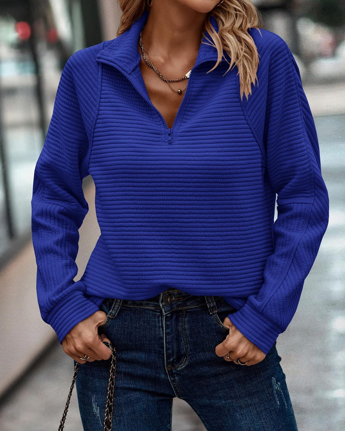 Textured Pullover Sweater with Half Zip