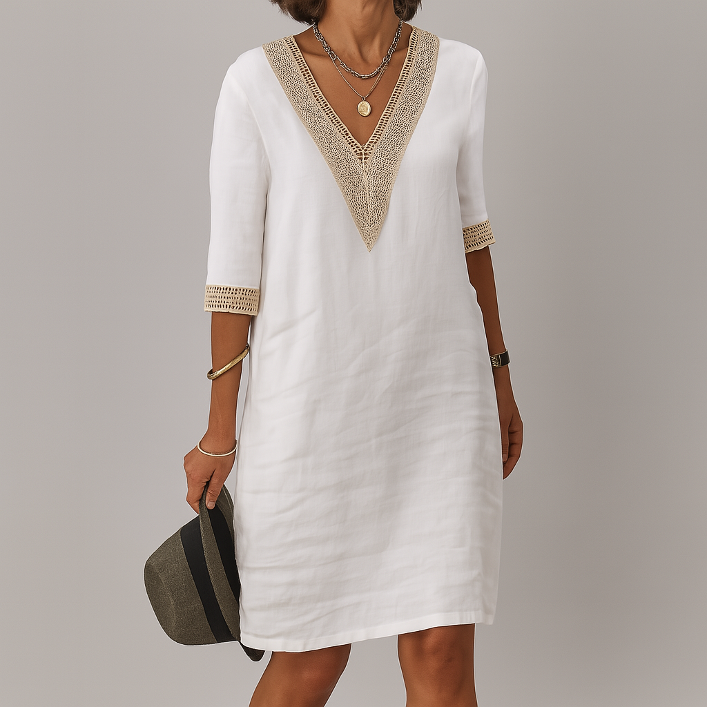 Lace Trim V-Neck Linen Dress