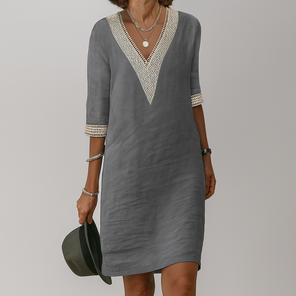 Lace Trim V-Neck Linen Dress