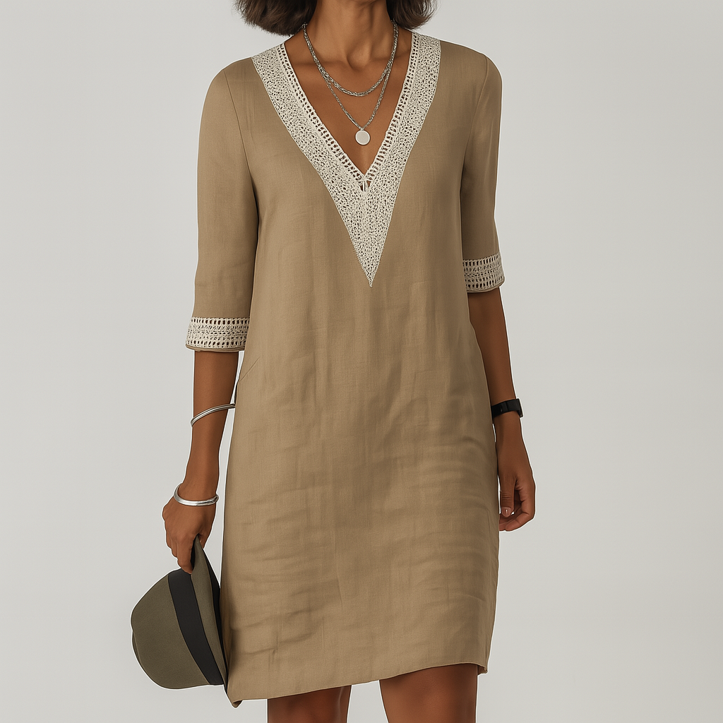 Lace Trim V-Neck Linen Dress