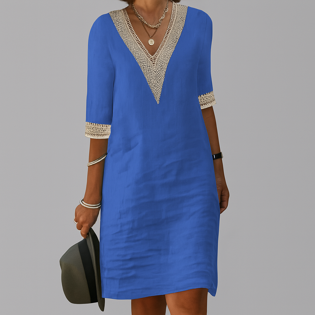 Lace Trim V-Neck Linen Dress