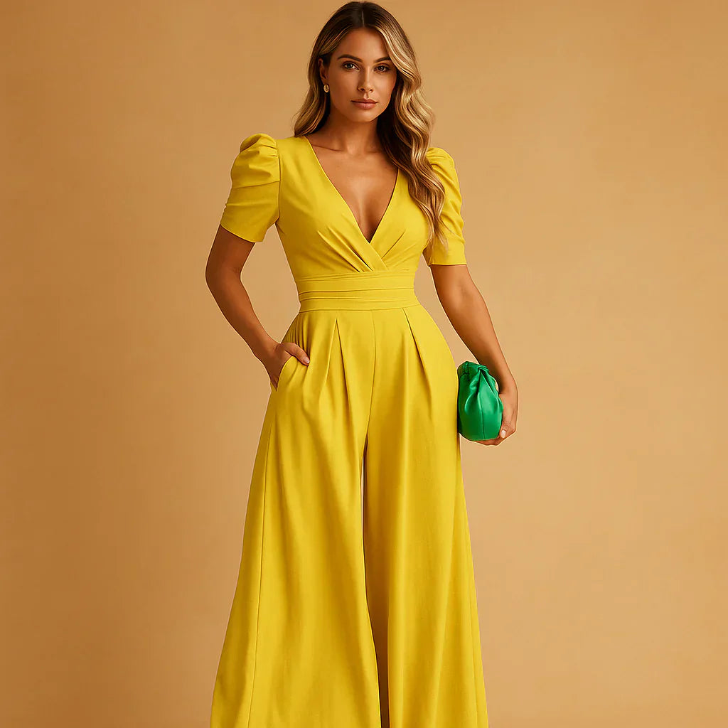 Women's Elegant Puff Sleeve Wide Leg Jumpsuit