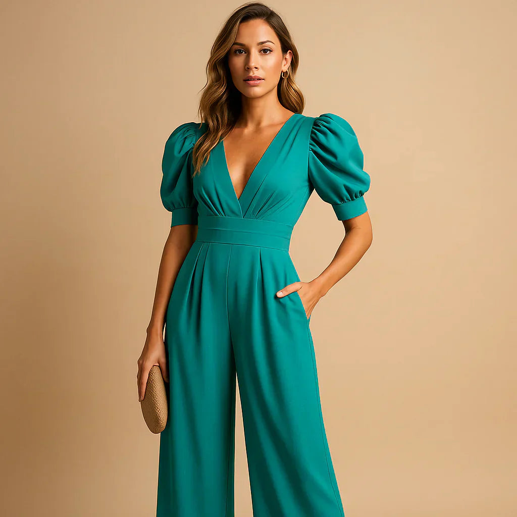 Women's Elegant Puff Sleeve Wide Leg Jumpsuit
