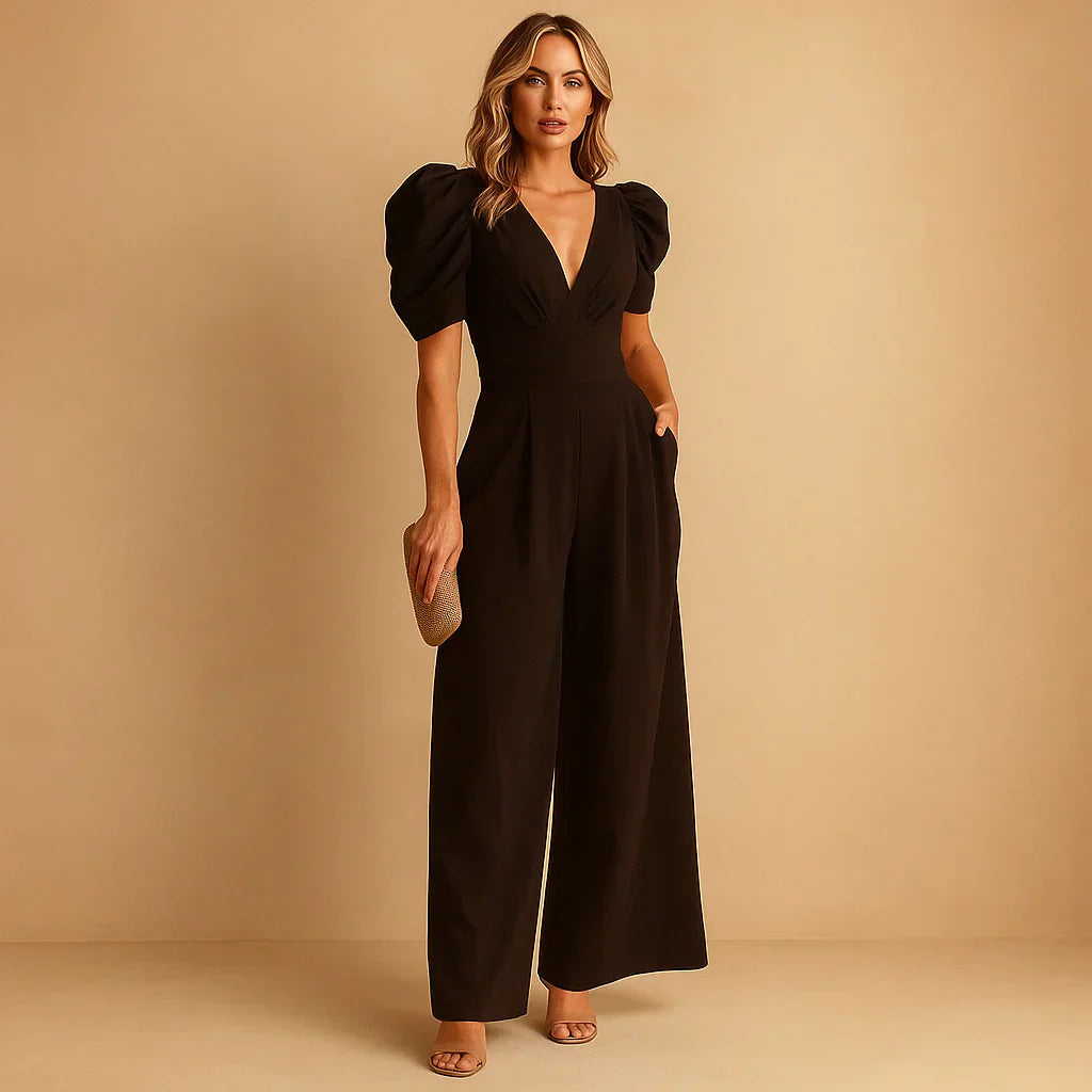 Women's Elegant Puff Sleeve Wide Leg Jumpsuit