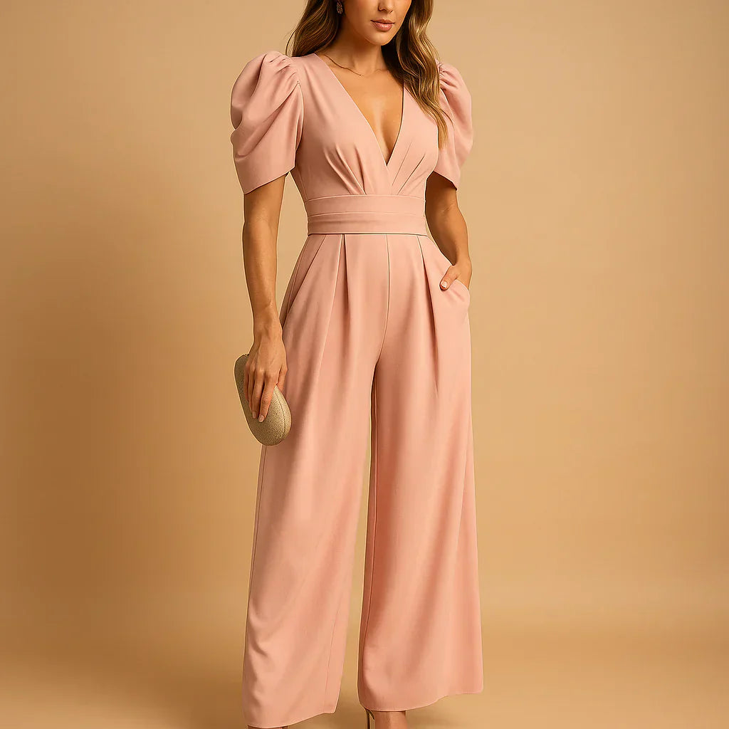 Women's Elegant Puff Sleeve Wide Leg Jumpsuit