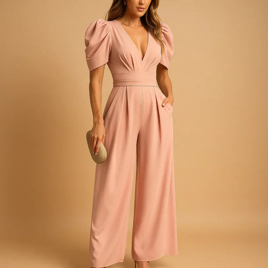 Women's Elegant Puff Sleeve Wide Leg Jumpsuit