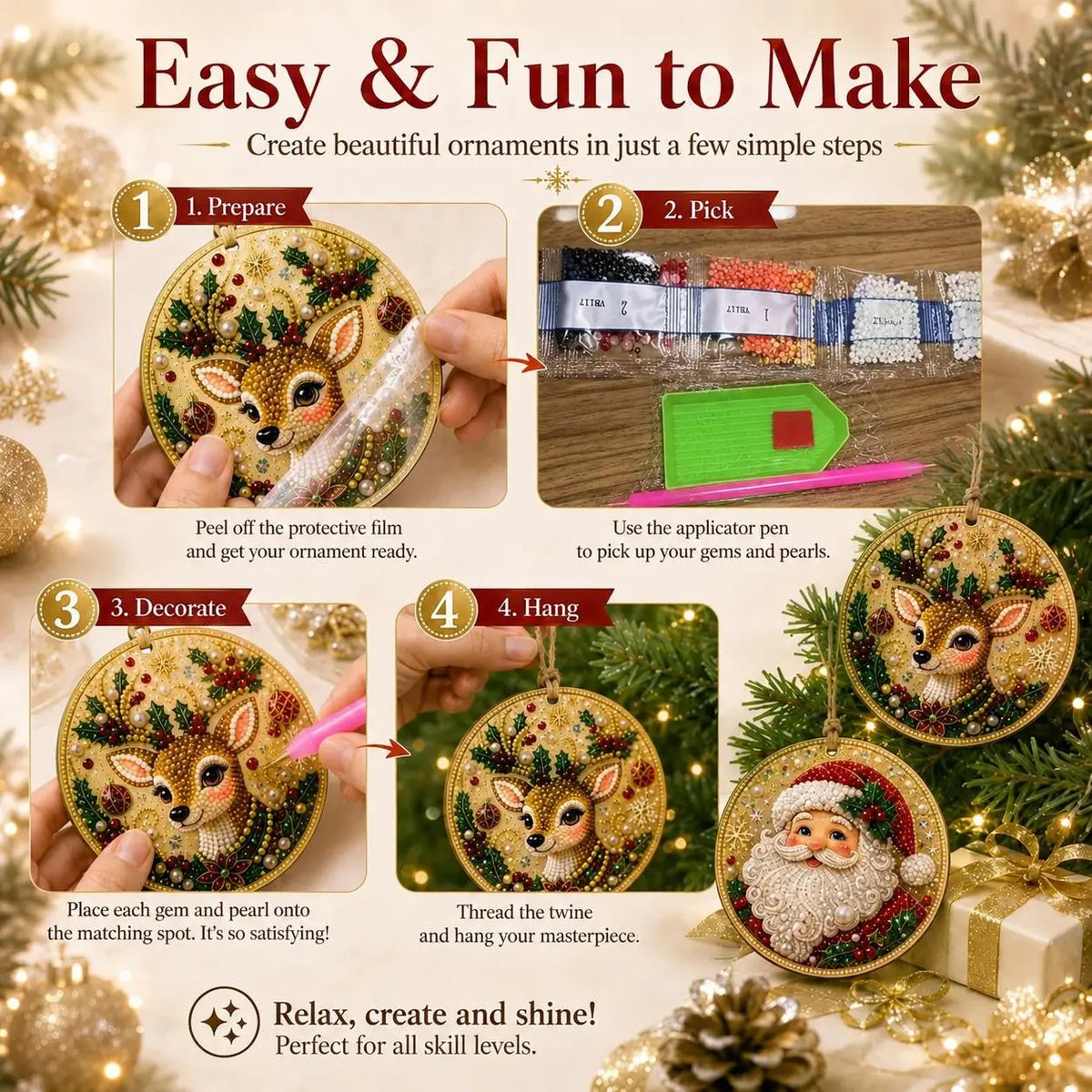 6Pcs/12Pcs Christmas DIY Diamond Painting Ornaments Kit, Xmas Tree Hanging Pendant