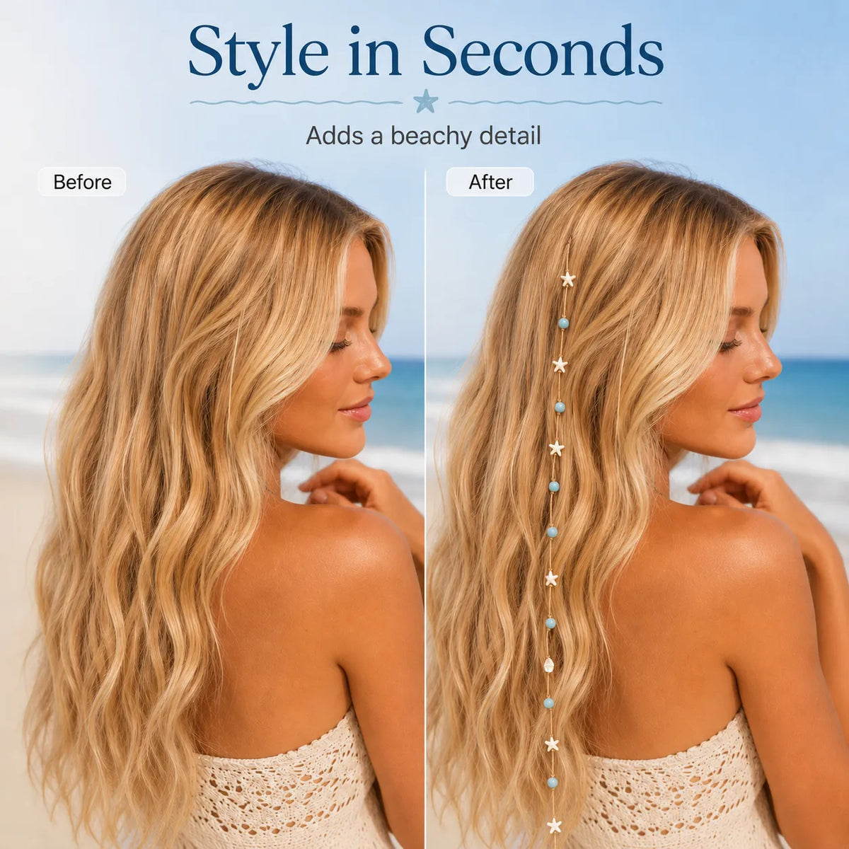 Beachy Mermaid Hair Accent Clip (Featuring blue bead accents, starfish, and shell charms)
