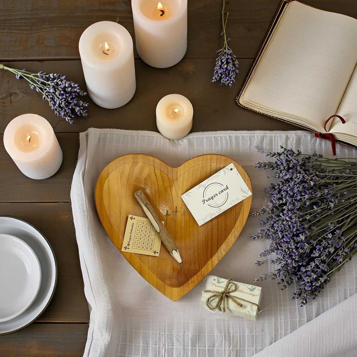 Handcrafted Wooden Heart Prayer Bowl Set