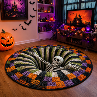 Limited Edition 3D Skeleton Optical Illusion Rug – Quilted Round Halloween Accent