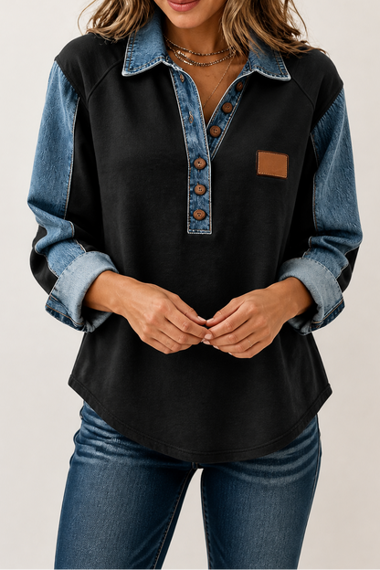 Denim Patchwork Textured Knit Blouse