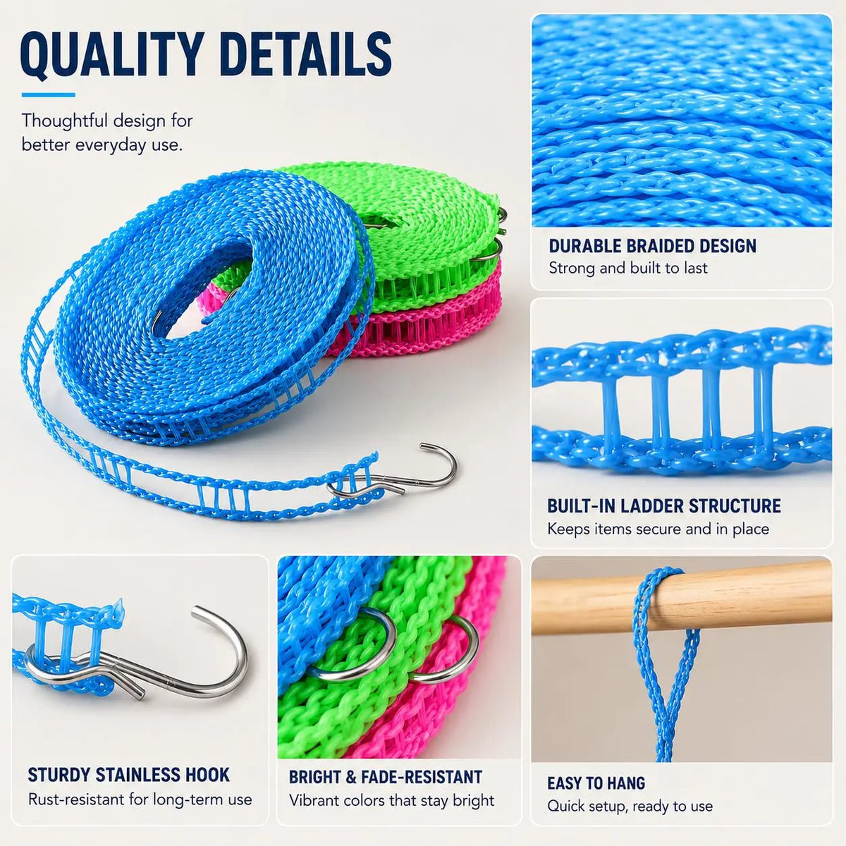 3 Roll Portable Clothesline – 196.85 Inch Adjustable Laundry Line, Windproof & Non-Slip