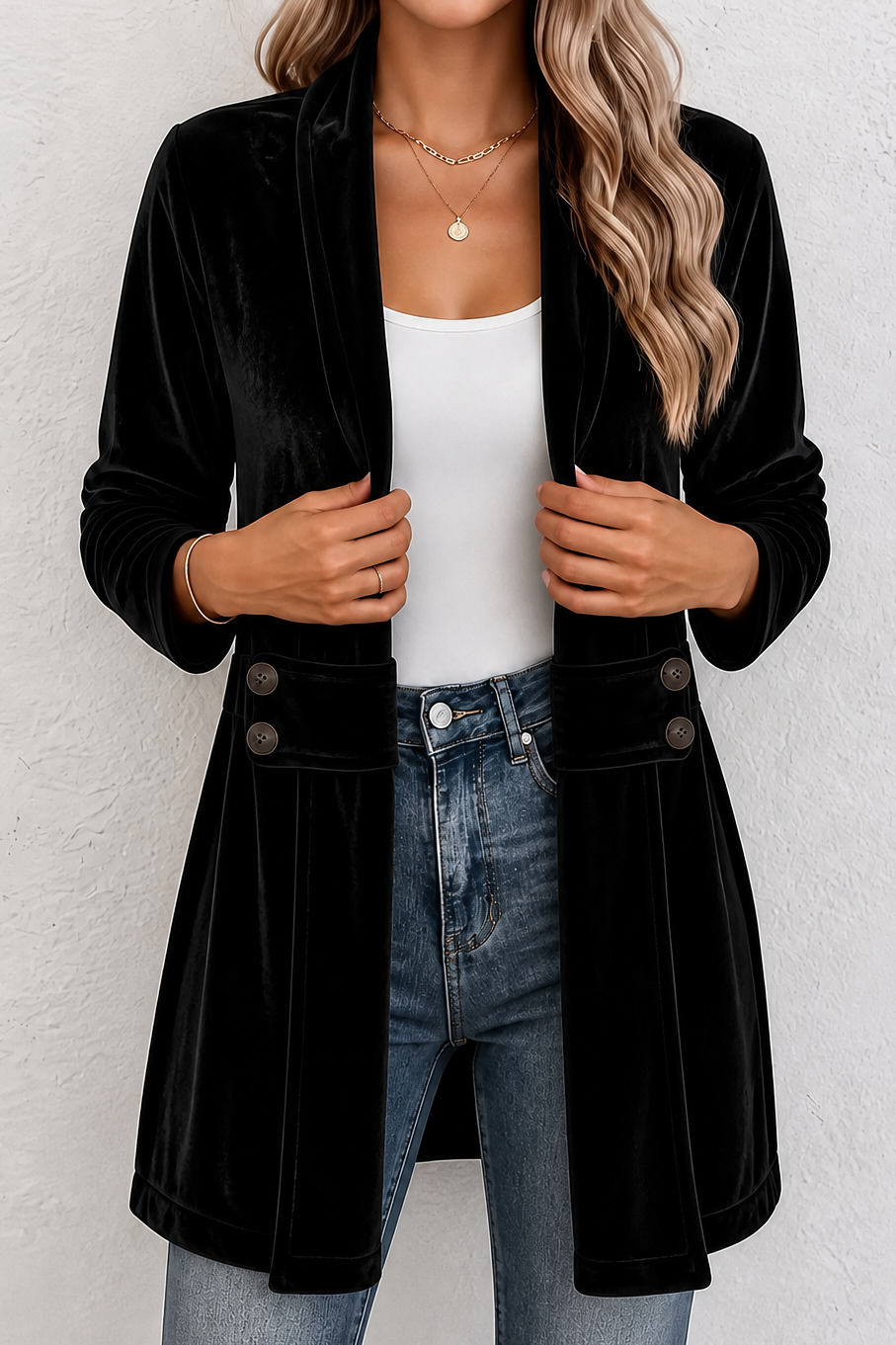 Double-Breasted Velvet-Look Cardigan