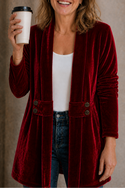 Double-Breasted Velvet-Look Cardigan