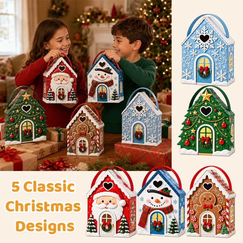 Christmas Cottage Handle Gift Box — 5 Festive Designs, House‑Shaped Packaging with Carry Handle