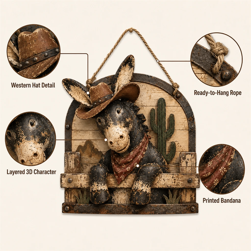 Rustic Cowboy Donkey Wall Hanging – Western Farmhouse Décor & Country Keepsake