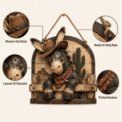 Rustic Cowboy Donkey Wall Hanging – Western Farmhouse Décor & Country Keepsake