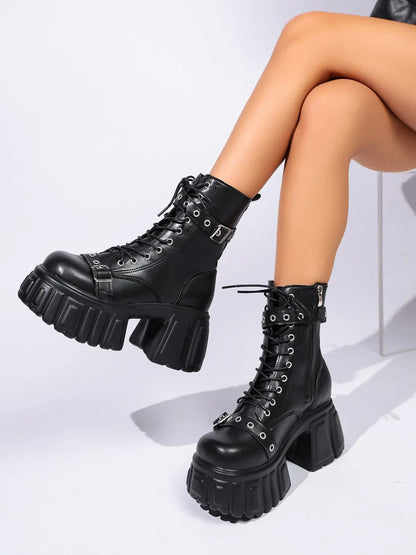 Women's Punk Mid-Calf Boots – Chunky Sole, High Heel