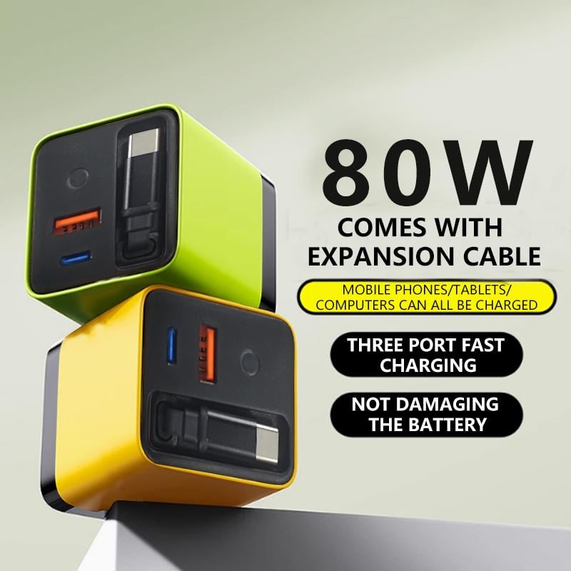 3 in 1 GaN Charger,Scalable 80W MAX fast charger module with Type-C cable and 2 USB ports