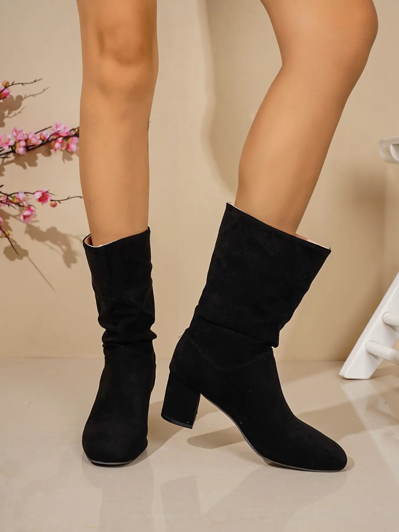 Women's Velvet Mid-Calf Boots – Round Toe, Chunky Sole
