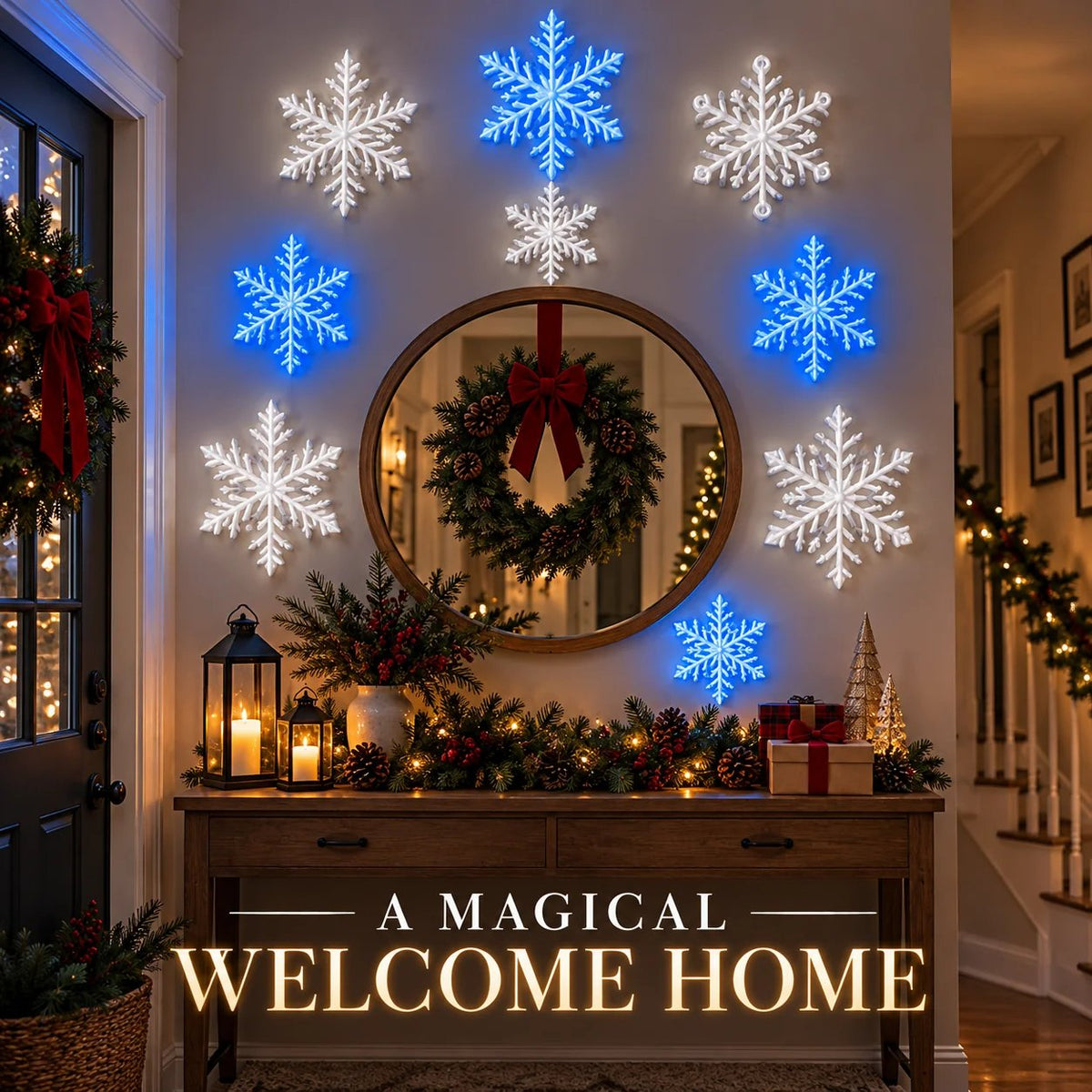 LED Snowflake Wall Lights | 3D Christmas Snowflake Décor with Blue & White Glow, Remote Control & Magical Indoor Holiday Atmosphere