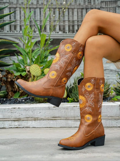 Women's Vintage Embroidered Mid-Calf Boots – Western