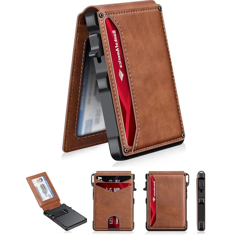 70K+ SOLD!-Wallet for Men - with Pop Up Aluminum Case Money Clip Slim Leather Slots Credit Card Holder RFID Blocking Bifold Minimalist Wallet