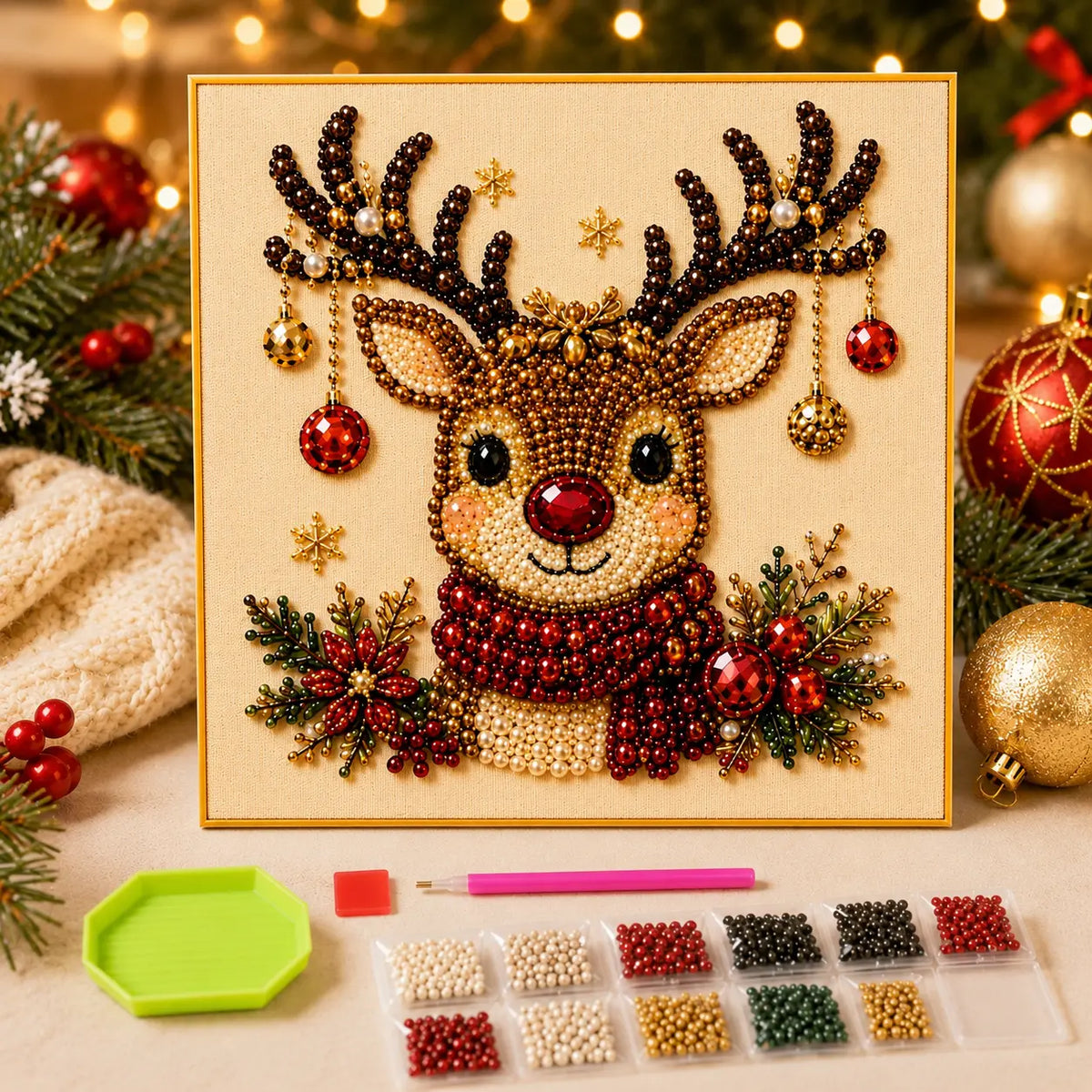 Frameless 3D Beaded Christmas Pearl Diamond Painting, Xmas Wreath Stocking Mosaic Art