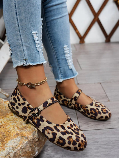Women's Leopard Print Mary Jane Flats – Non-Slip, Breathable
