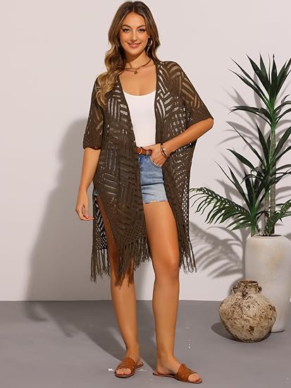 2026 Women’s Lightweight Knit Cardigan – Oversized Open Front, Hollow-Out Crochet Tassel Kimono Sweater for Spring & Summer