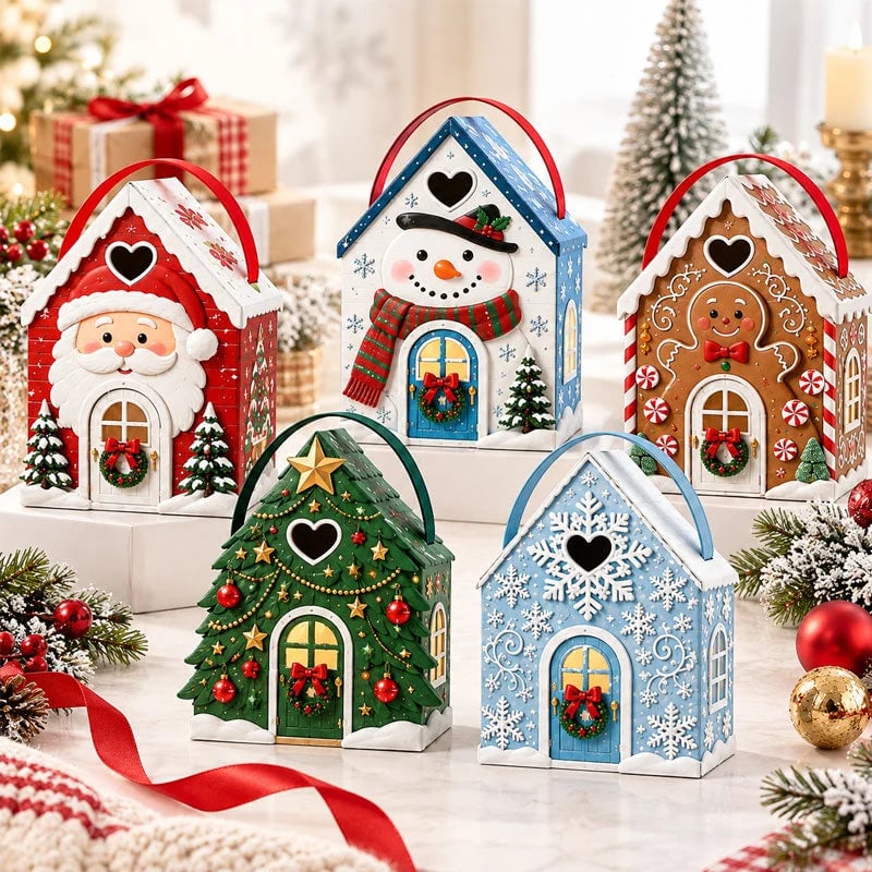 Christmas Cottage Handle Gift Box — 5 Festive Designs, House‑Shaped Packaging with Carry Handle