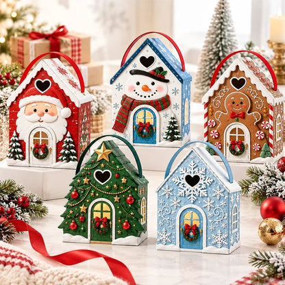 Christmas Cottage Handle Gift Box — 5 Festive Designs, House‑Shaped Packaging with Carry Handle