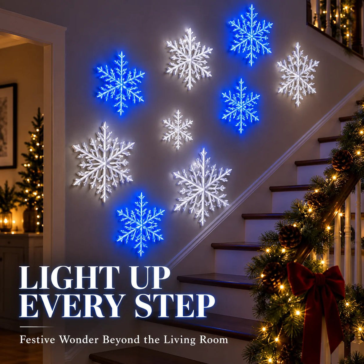 LED Snowflake Wall Lights | 3D Christmas Snowflake Décor with Blue & White Glow, Remote Control & Magical Indoor Holiday Atmosphere