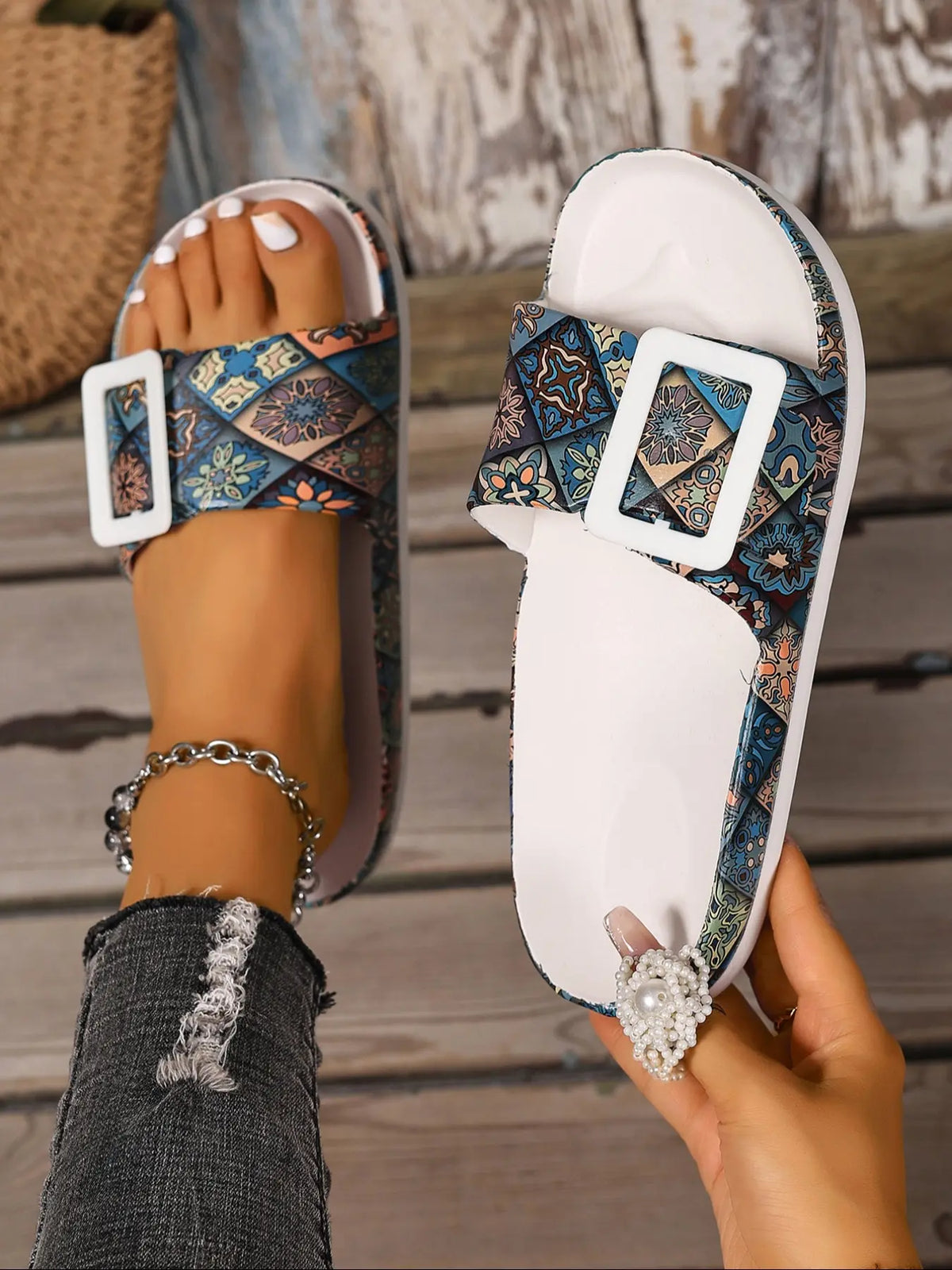 Women's Boho Floral Sandals – Chunky Sole, Lightweight