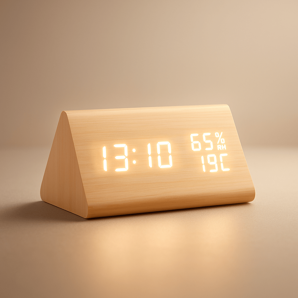 Wooden Digital Clock with Temp & Light Control