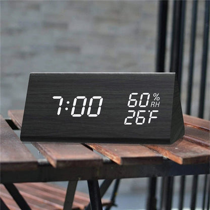 Wooden Digital Clock with Temp & Light Control