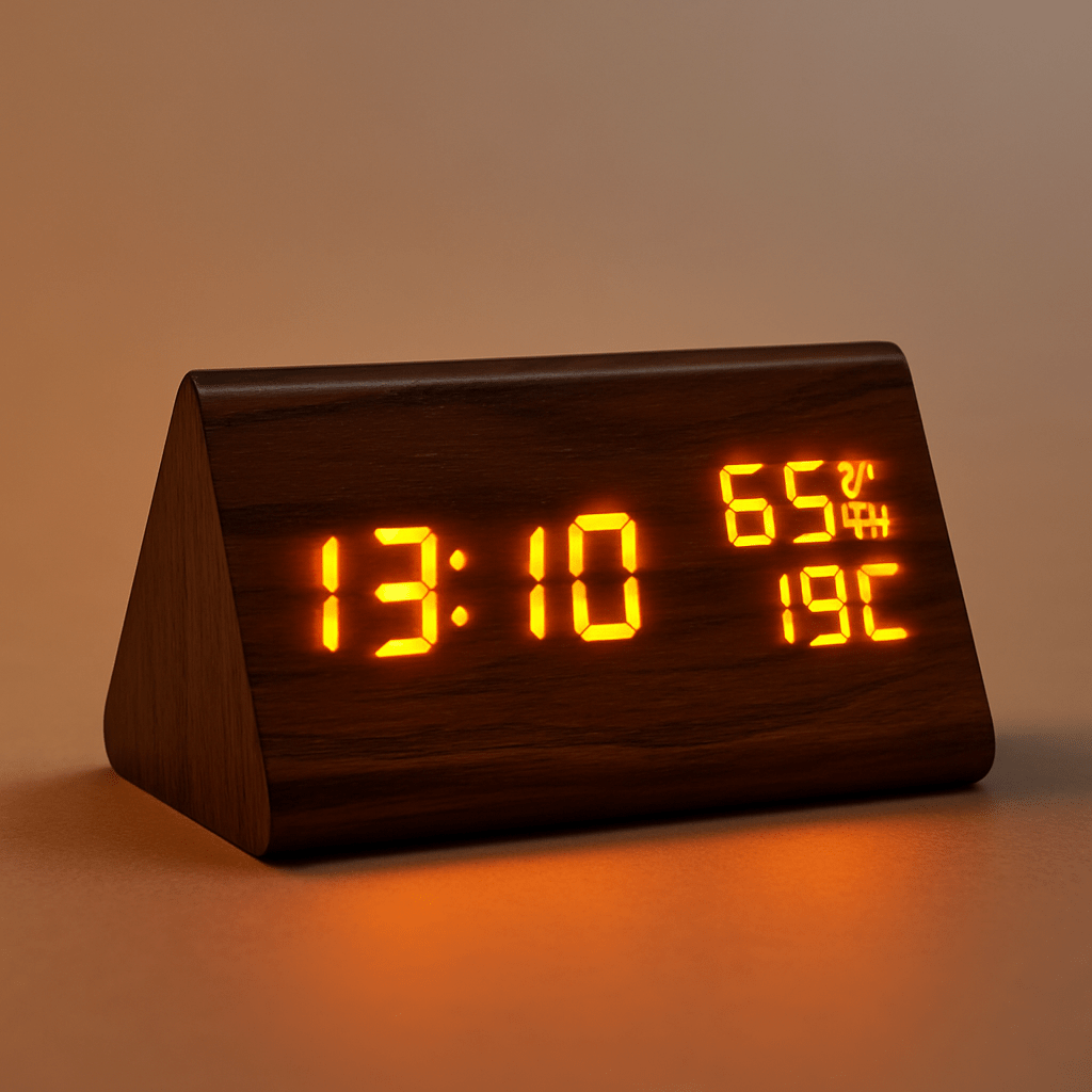 Wooden Digital Clock with Temp & Light Control