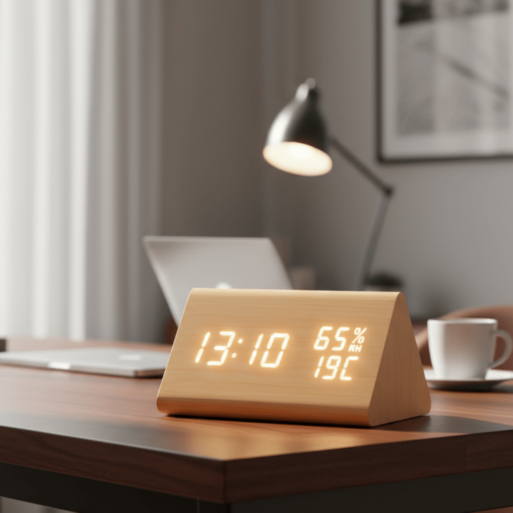 Wooden Digital Clock with Temp & Light Control