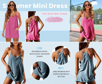 Women's Sleeveless Sports Dress - Athletic V-Neck Spaghetti Strap Mini Sundress