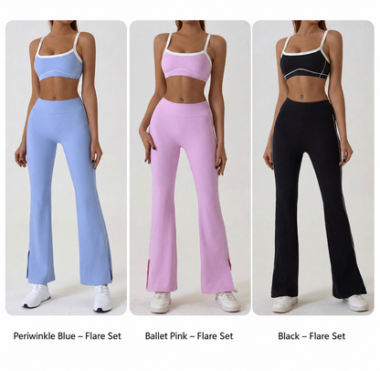 ElaraMove flare sets in Periwinkle Blue, Ballet Pink, and Black