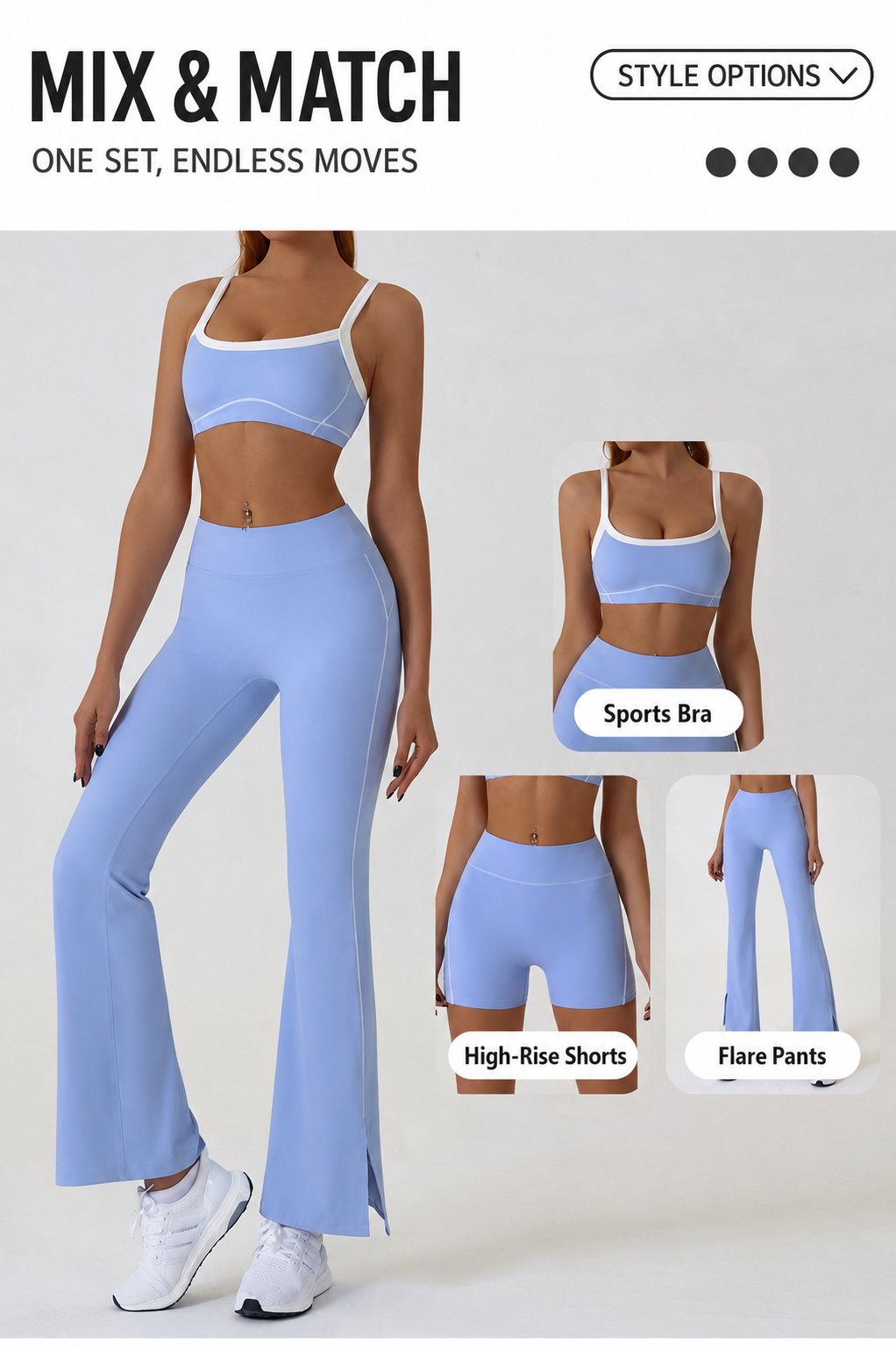 ElaraMove mix and match sports bra, high-rise shorts, and flare pants