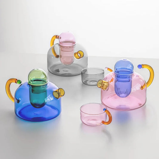 Elegant borosilicate tea set with unique design and vibrant colors – dishwasher safe, cup 80 ml, teapot 400 ml