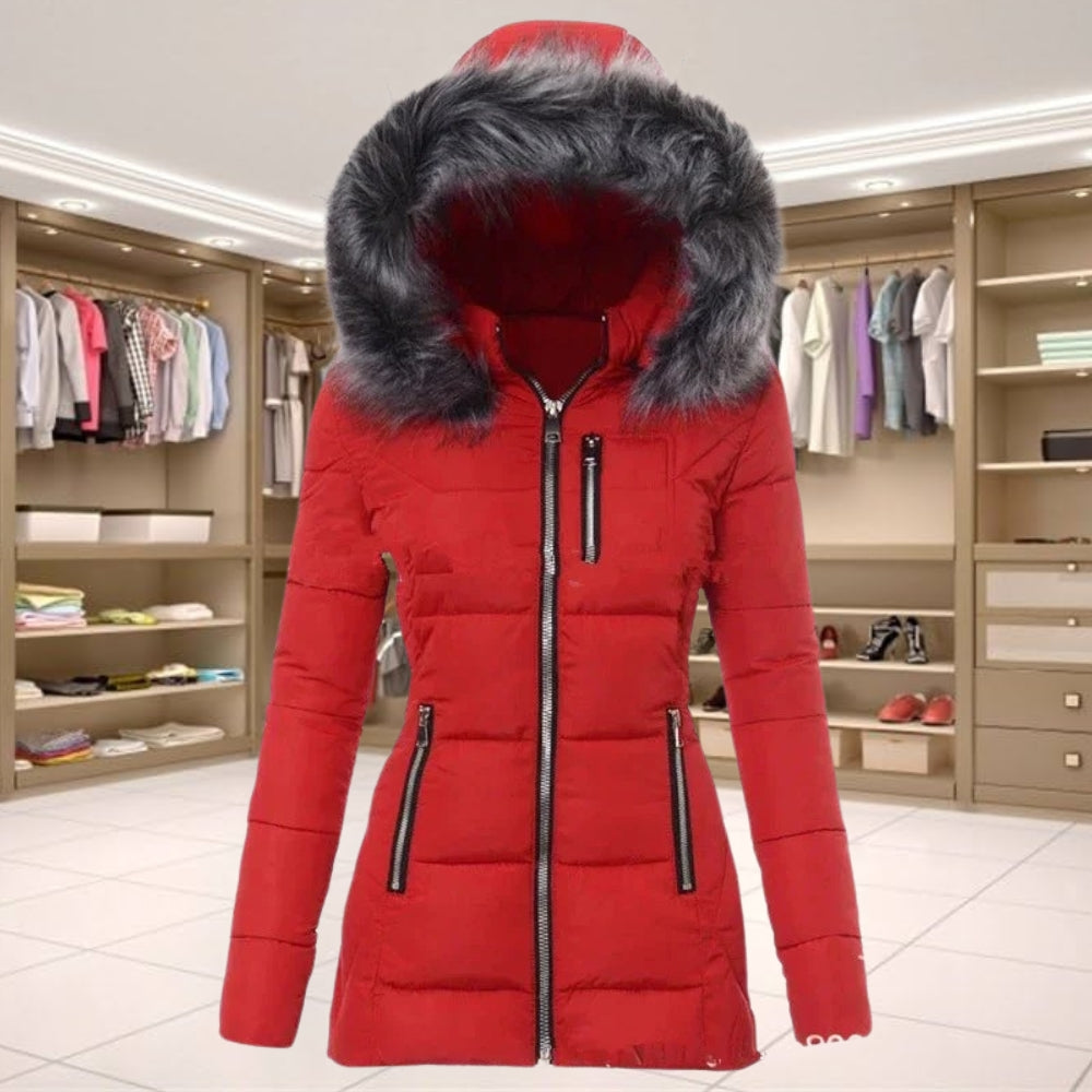 Elegant Long Sleeve Coat with Fur Collar