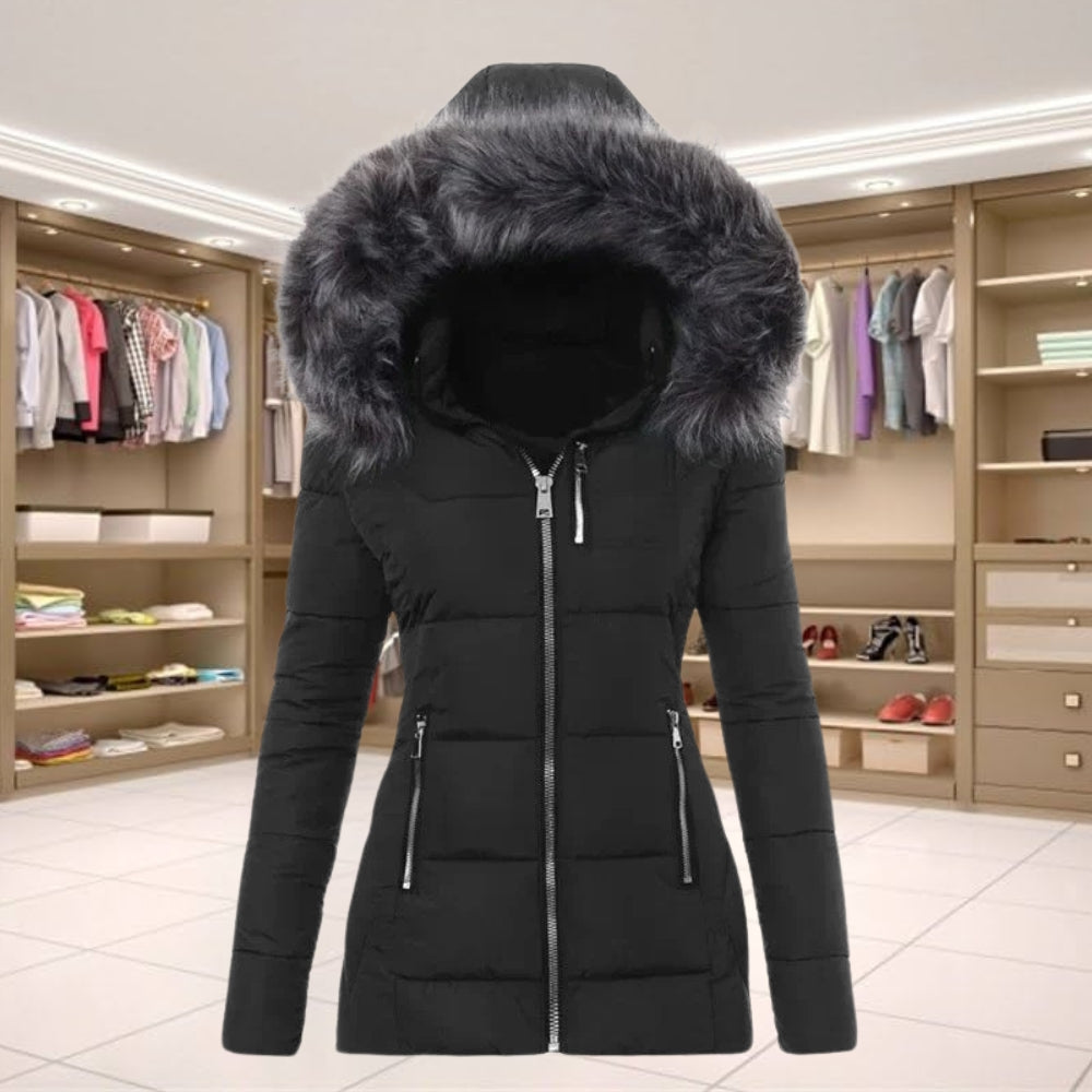 Elegant Long Sleeve Coat with Fur Collar