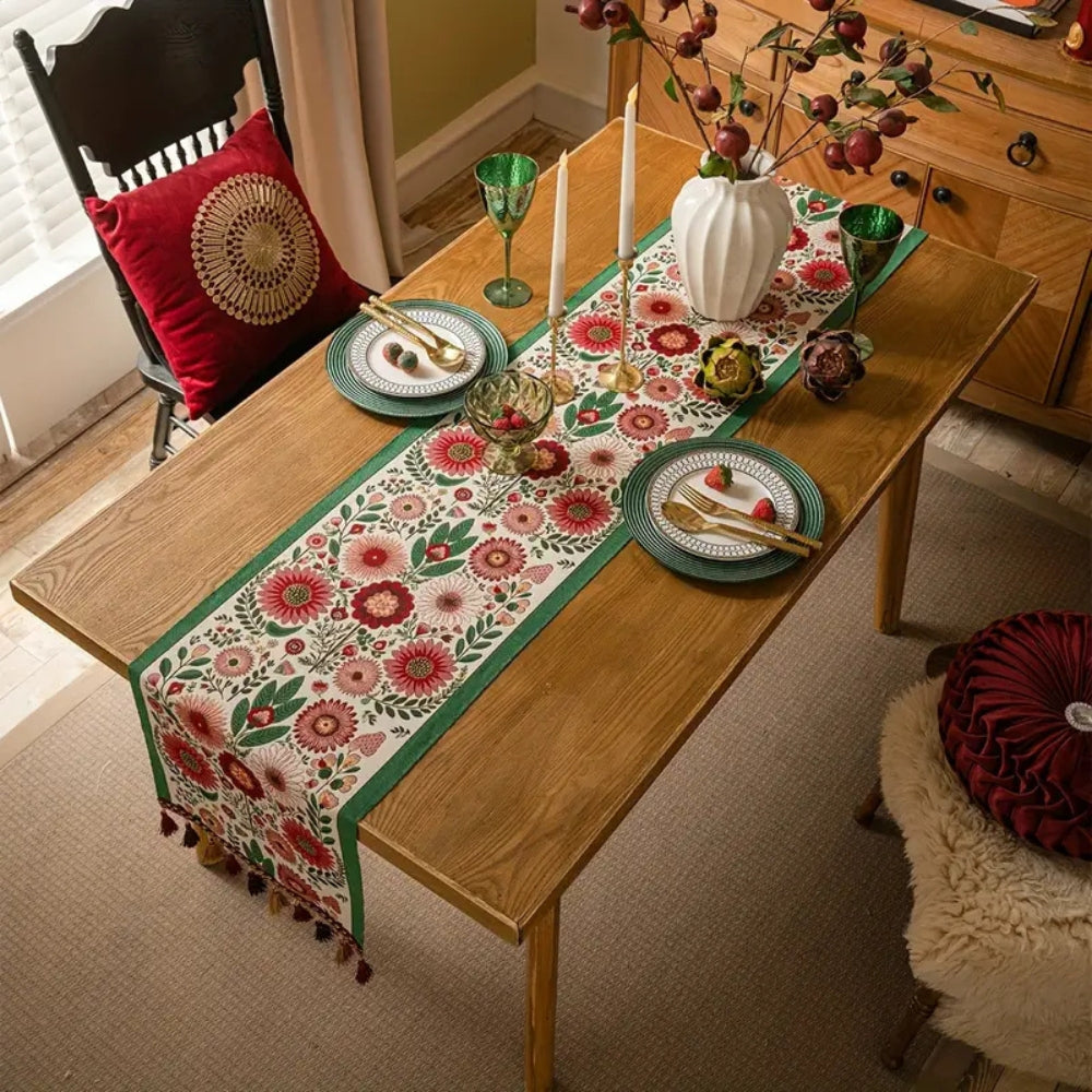 Embroidered Table Runner with Tassels and Floral Design